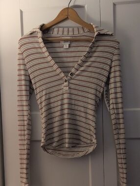 BDG Cream Long-Sleeve Striped Henley with Rust and Gray Accents